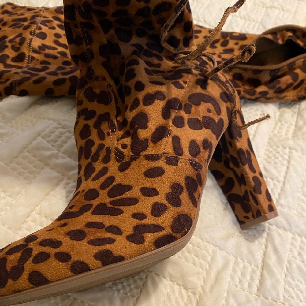 OTK Leopard faux suede boots. Never worn outside. Heel height 2 1/2”. Looks Fab